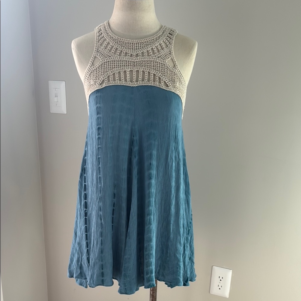 Mittoshop Blue with Cream Crochet Accent Mini Dress